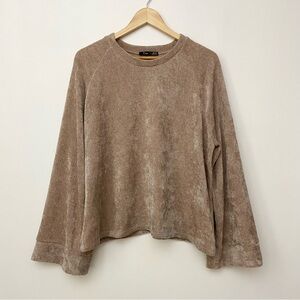 Knit Beige Velour Wide Sleeve Crewneck Sweater
